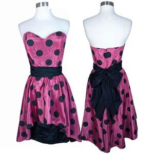 Vintage 80s Pink Black Polka Dot Strapless Peplum Cocktail Party Prom Dress S